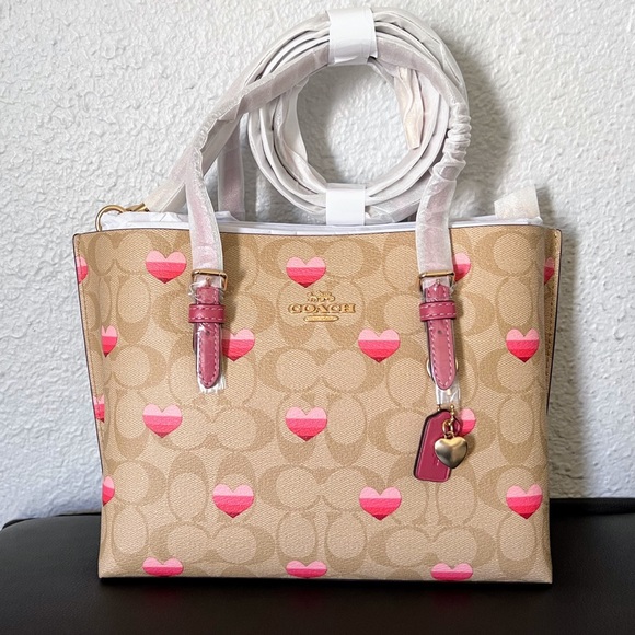 NWT COACH MOLLIE TOTE 25 IN SIGNATURE CANVAS STRIPE HEART PRINT GOLD/LIGHT KHAKI - Picture 7 of 12